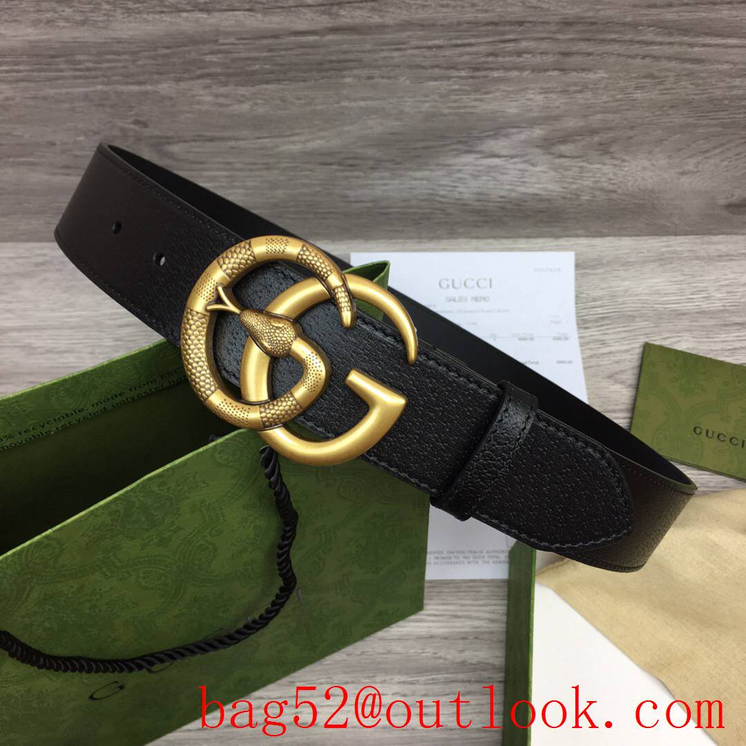 Gucci GG men 4cm black real leather snake matte gold buckle belt