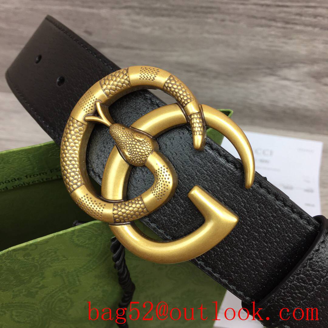 Gucci GG men 4cm black real leather snake matte gold buckle belt