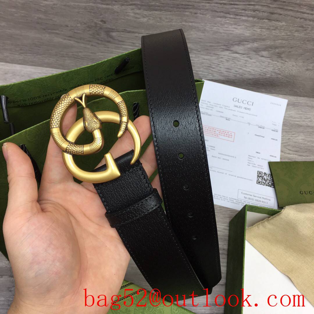 Gucci GG men 4cm black real leather snake matte gold buckle belt