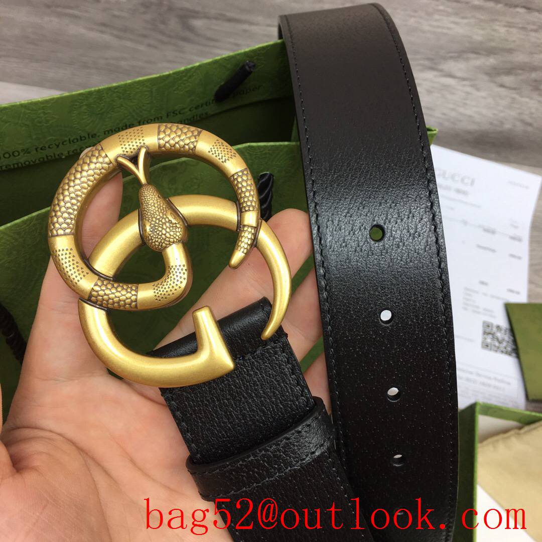 Gucci GG men 4cm black real leather snake matte gold buckle belt