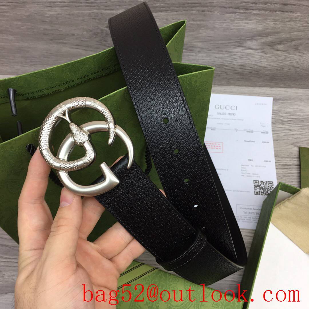 Gucci GG men 4cm black real leather snake matte silver buckle belt