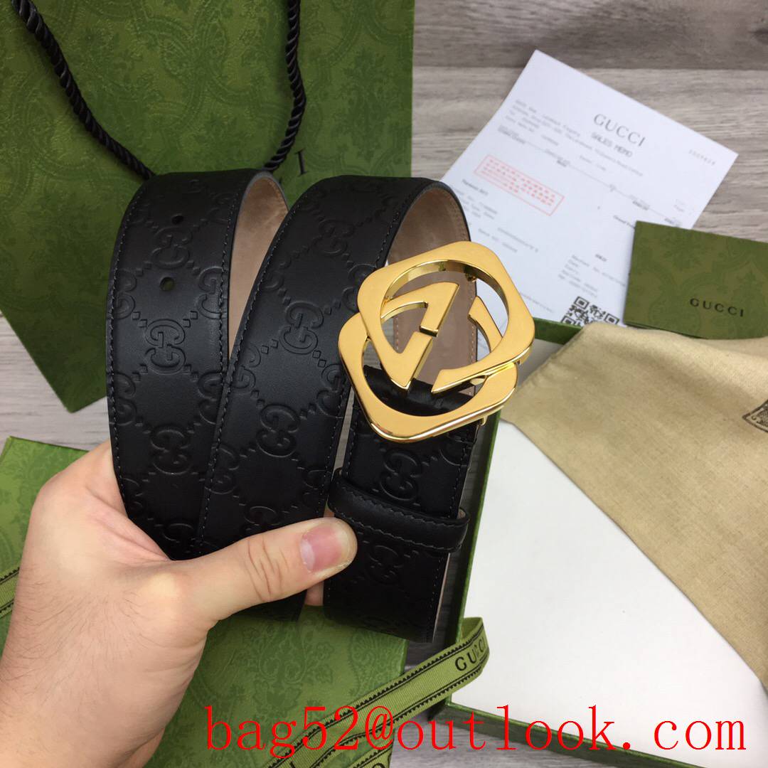 Gucci 3.8cm GG detail leather shiny gold new buckle signature belt