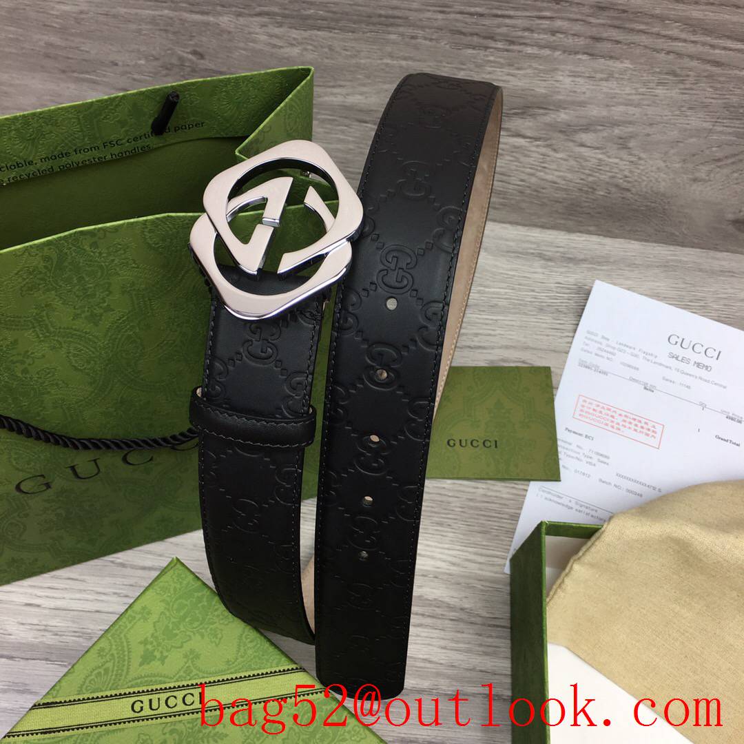 Gucci 3.8cm GG detail leather shiny silver new buckle signature belt