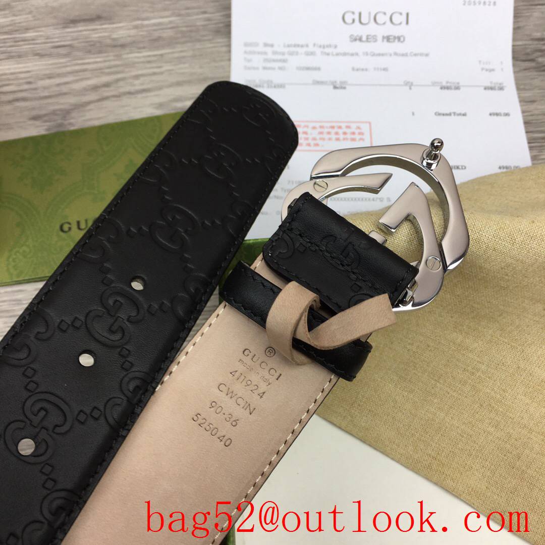 Gucci 3.8cm GG detail leather shiny silver new buckle signature belt