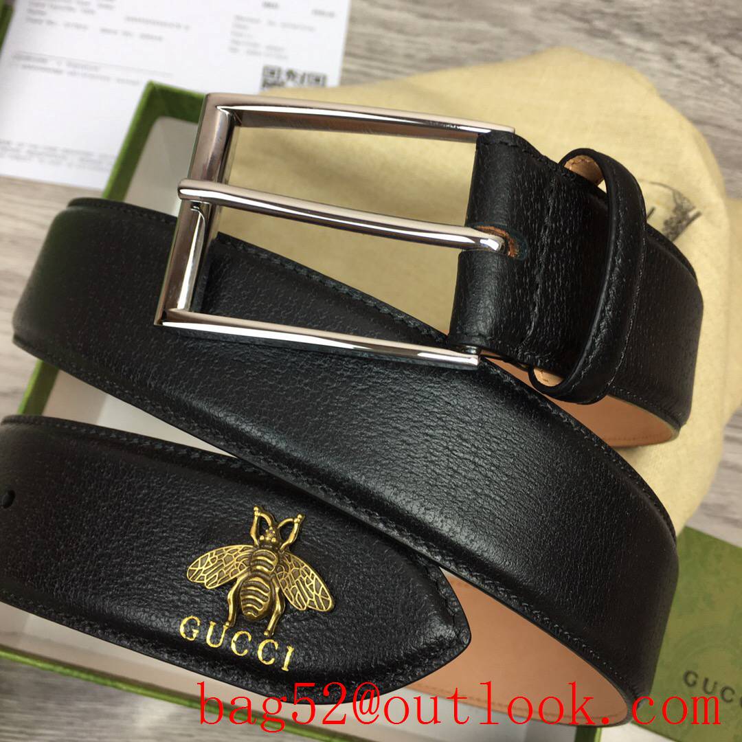 Gucci 4cm black leather mascot bee shiny silver pin buckle belt