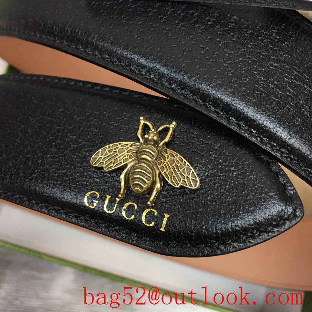 Gucci 4cm black leather mascot bee shiny silver pin buckle belt