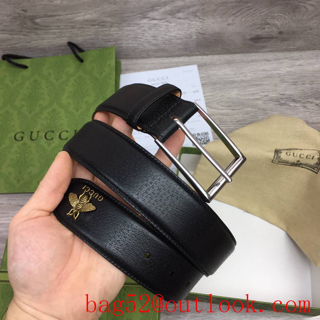 Gucci 4cm black leather mascot bee shiny silver pin buckle belt