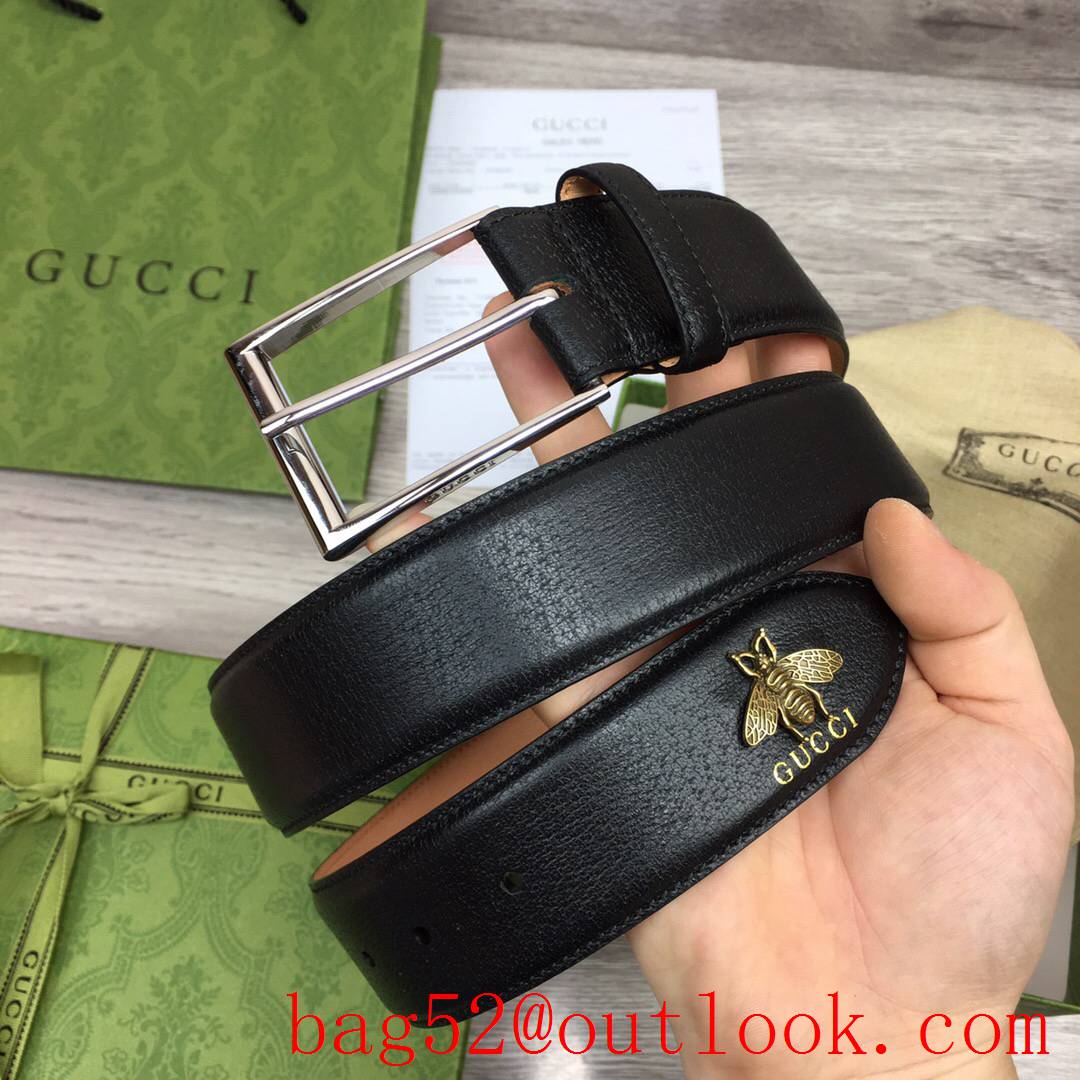 Gucci 4cm black leather mascot bee shiny silver pin buckle belt