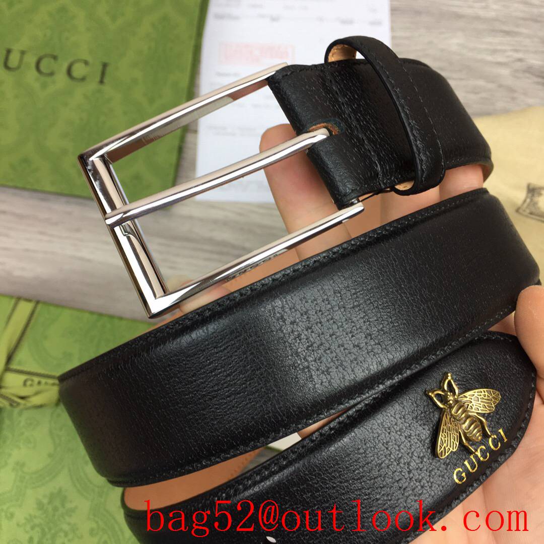 Gucci 4cm black leather mascot bee shiny silver pin buckle belt