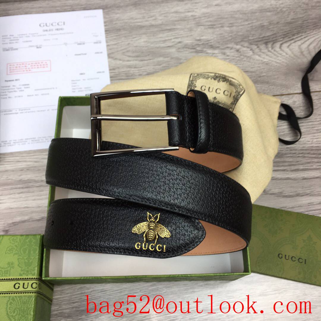 Gucci 4cm black leather mascot bee shiny black pin buckle belt