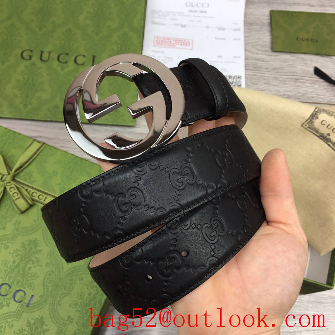 Gucci 4cm leather Signature belt with GG detail shiny dark-silver buckel