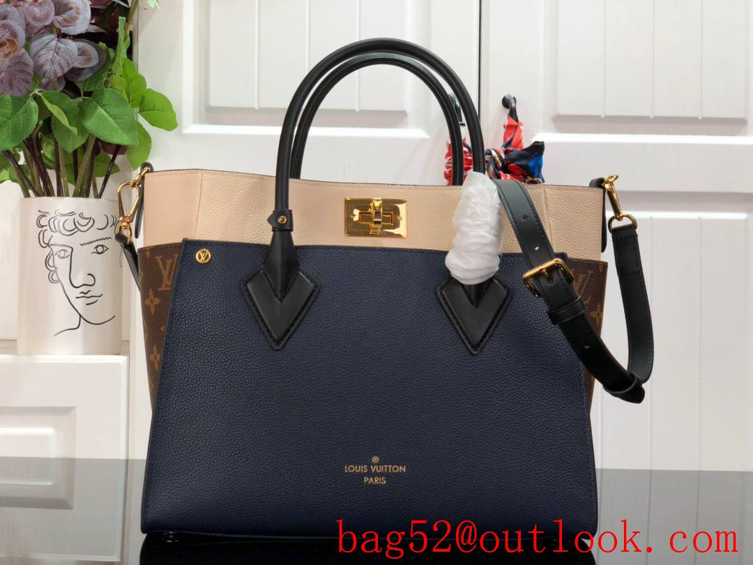 Louis Vuitton LV Monogram Leather On My Side MM Tote Bag Handbag M53823 Navy