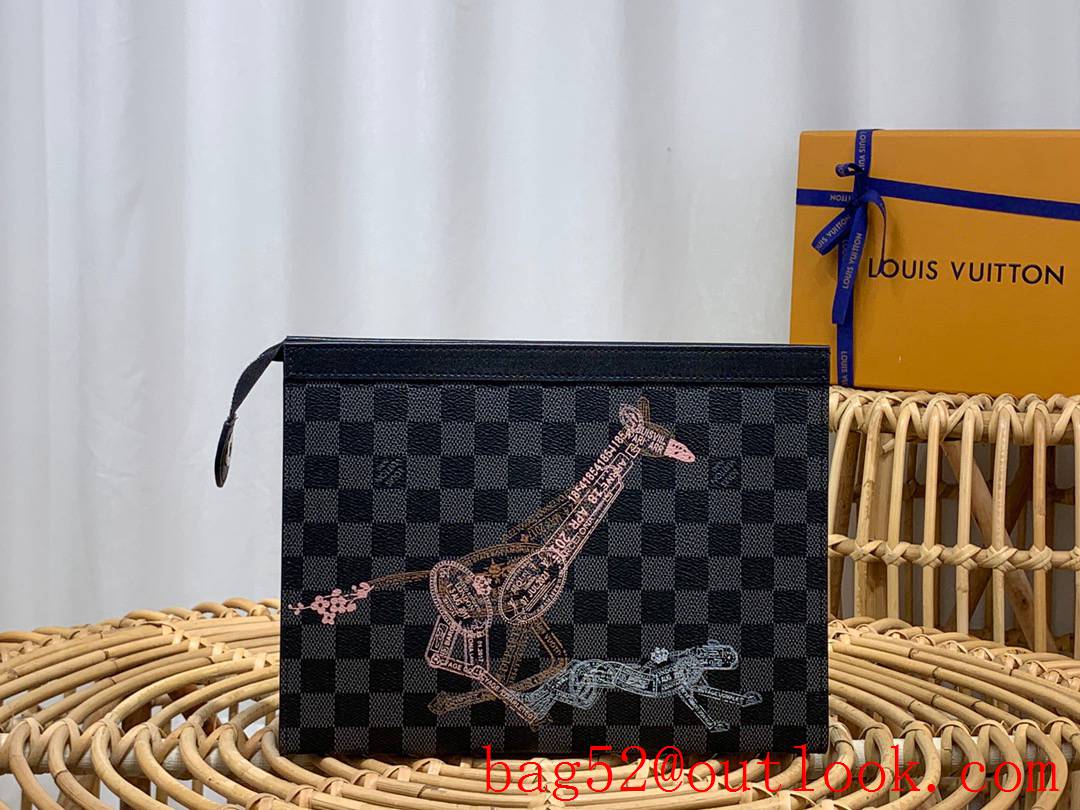 Louis Vuitton LV Men Pochette Voyage Damier Graphite Canvas Clutch Bag Handbag N64605