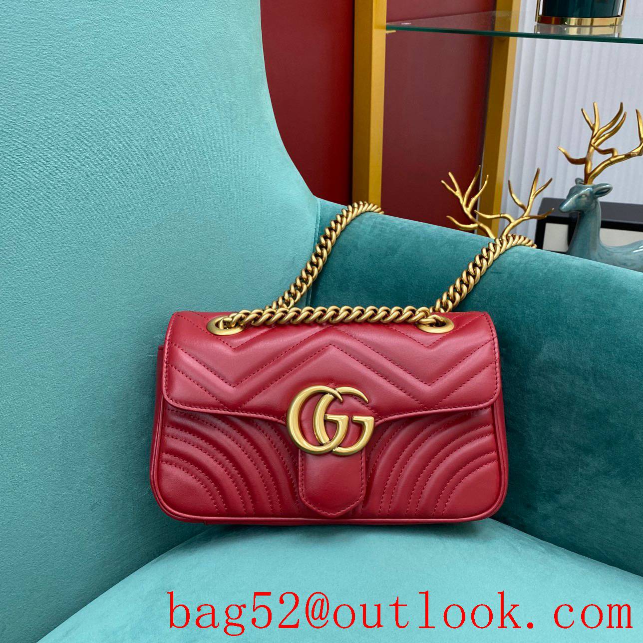 Gucci Now marmont original leather medium red gold chain women's crossbody handbag