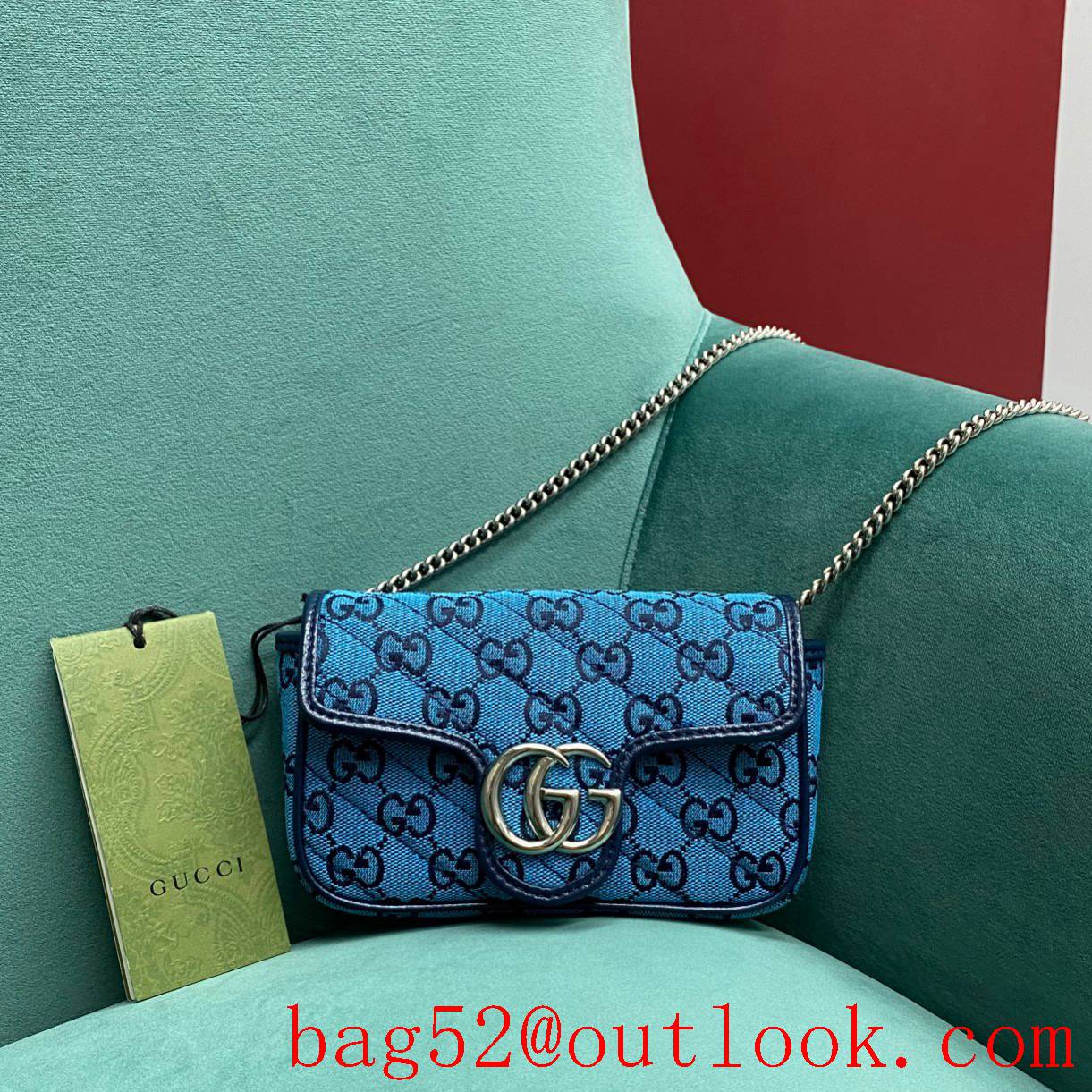 Gucci GG Nanomarmont Original Leather blue Sliver buckle chain shoulder handbag
