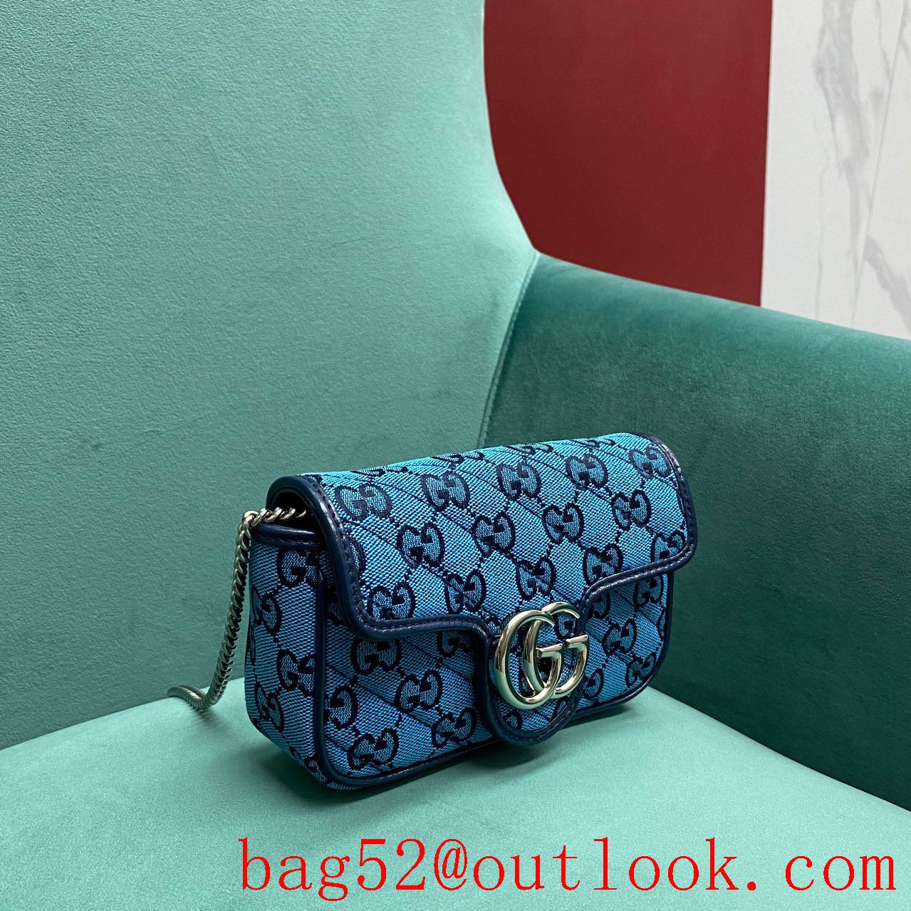 Gucci GG Nanomarmont Original Leather blue Sliver buckle chain shoulder handbag