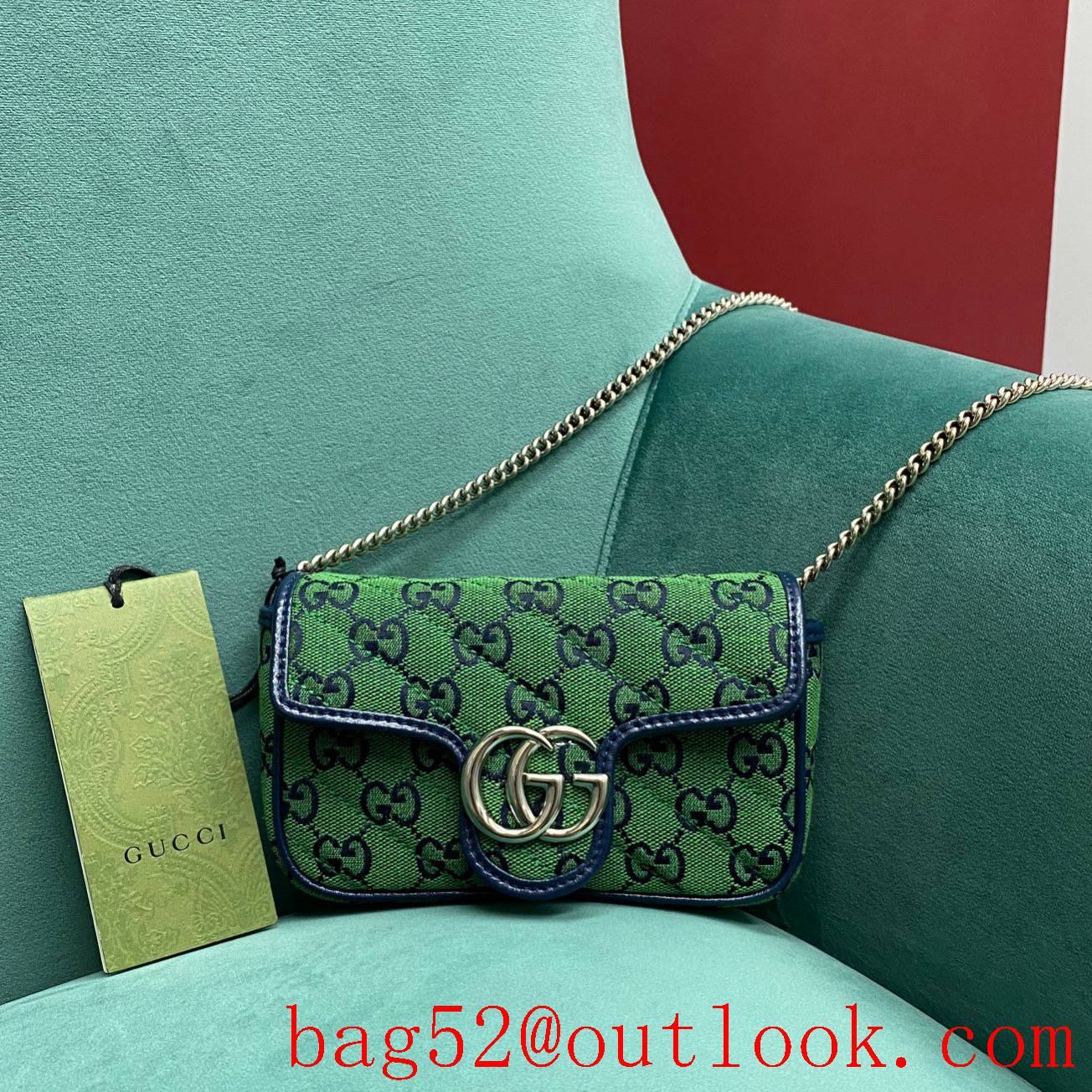Gucci GG Nanomarmont Original Leather green Sliver buckle chain shoulder handbag
