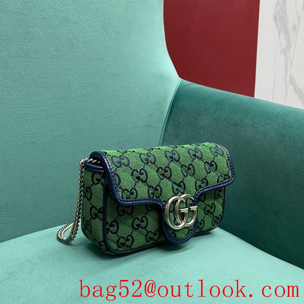 Gucci GG Nanomarmont Original Leather green Sliver buckle chain shoulder handbag