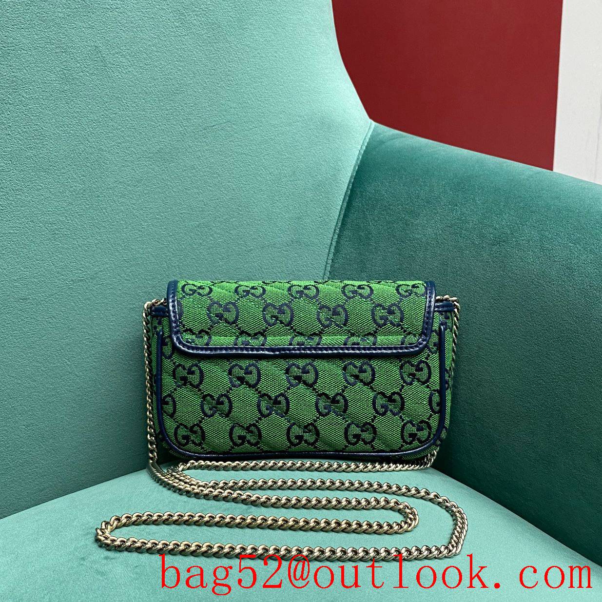 Gucci GG Nanomarmont Original Leather green Sliver buckle chain shoulder handbag