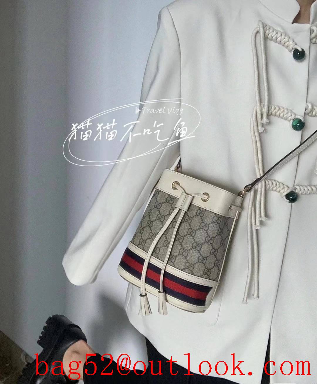 Gucci Ophidia Mini Bucket Combination of soft classic fabric and cowhide material cream shoulder handbag