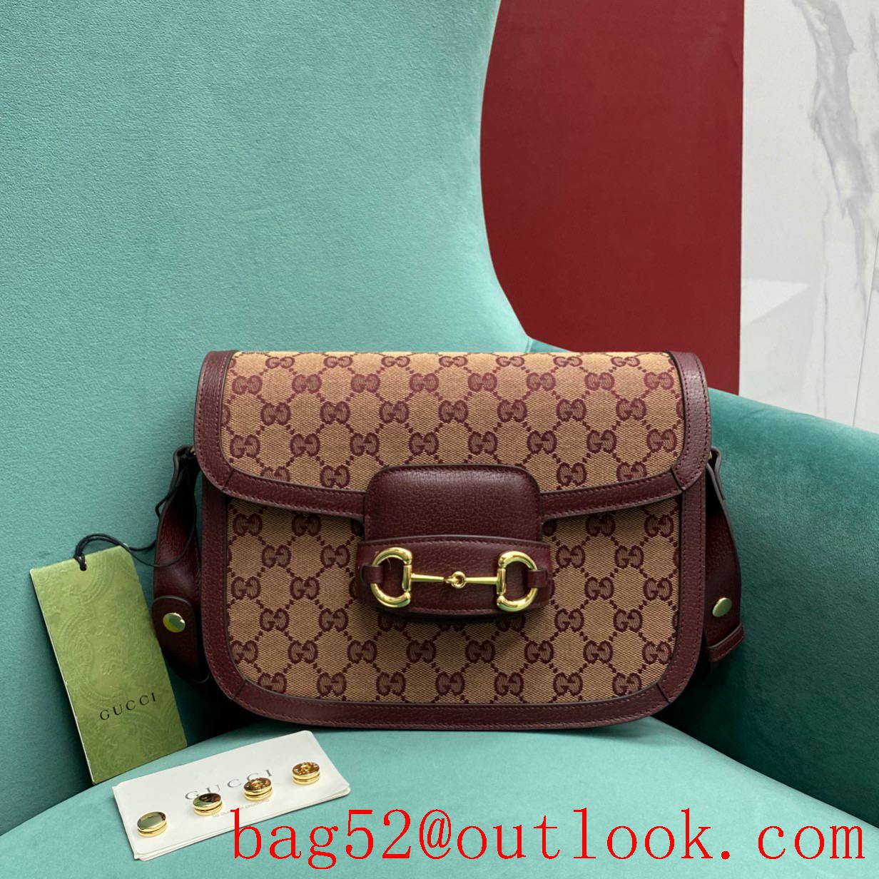 Gucci Burgundy leather trim with signature gg canvas 1955 women's handbag