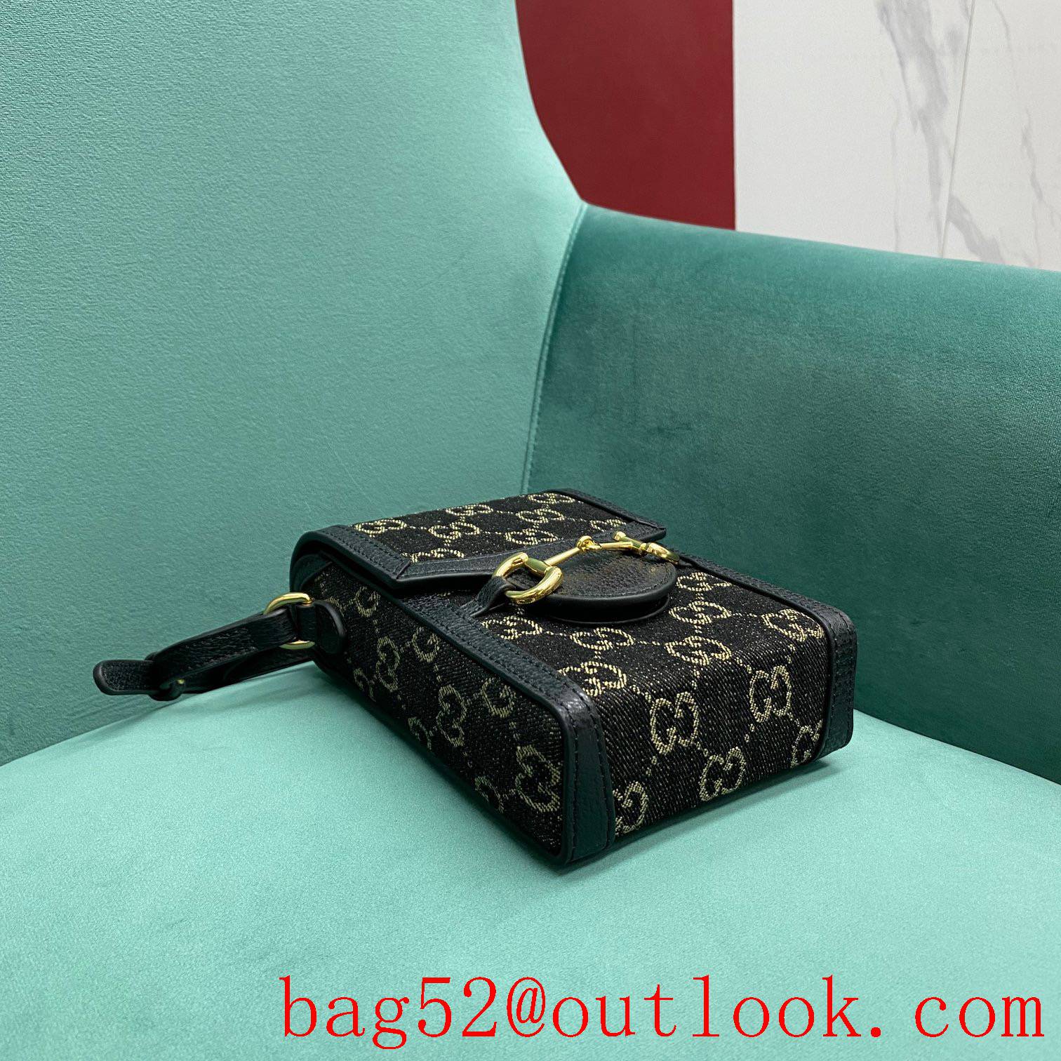 Gucci black denim with leather black crossbody handbag