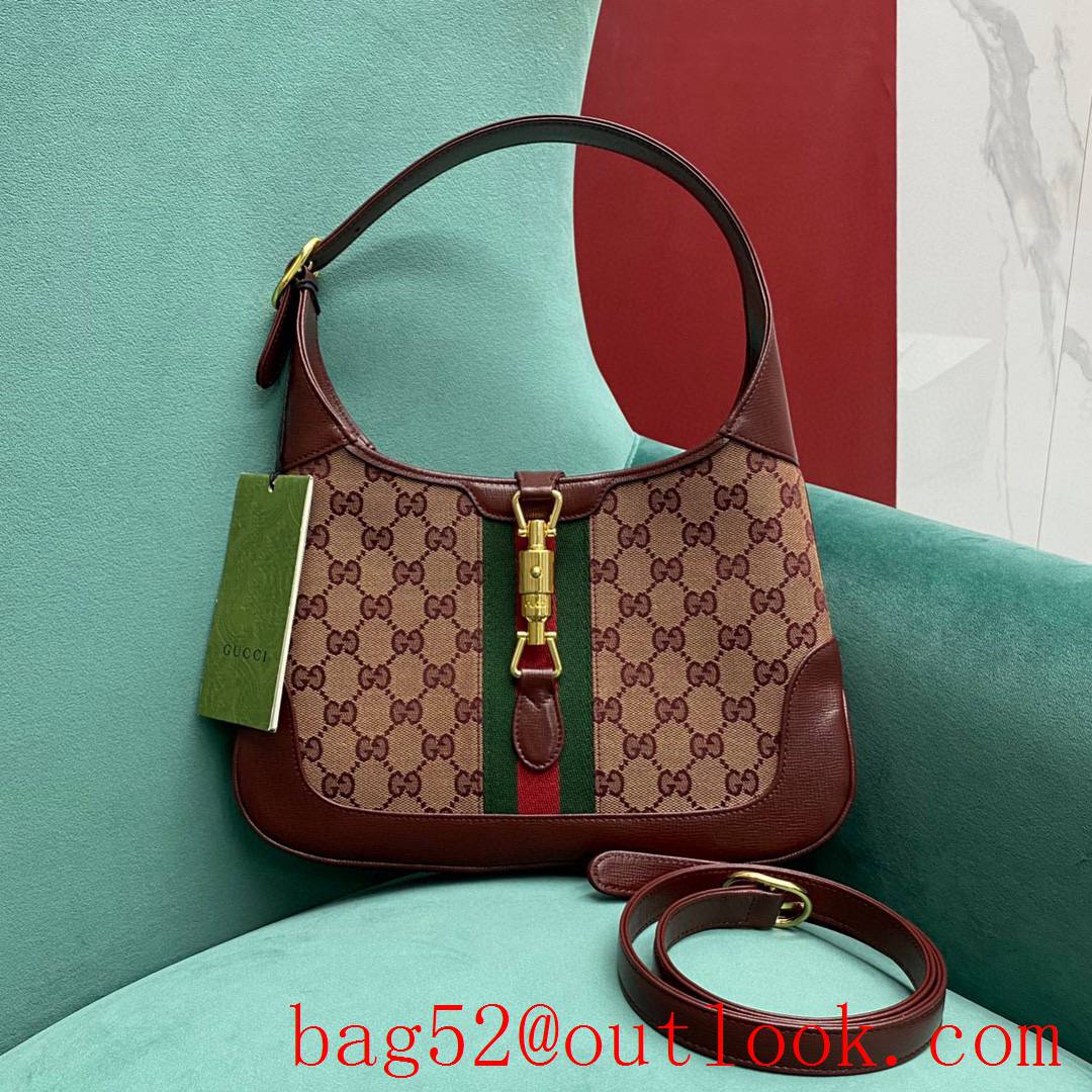 Gucci jackie 1961 burgundy leather trim with gg canvas winered crossbody handbag