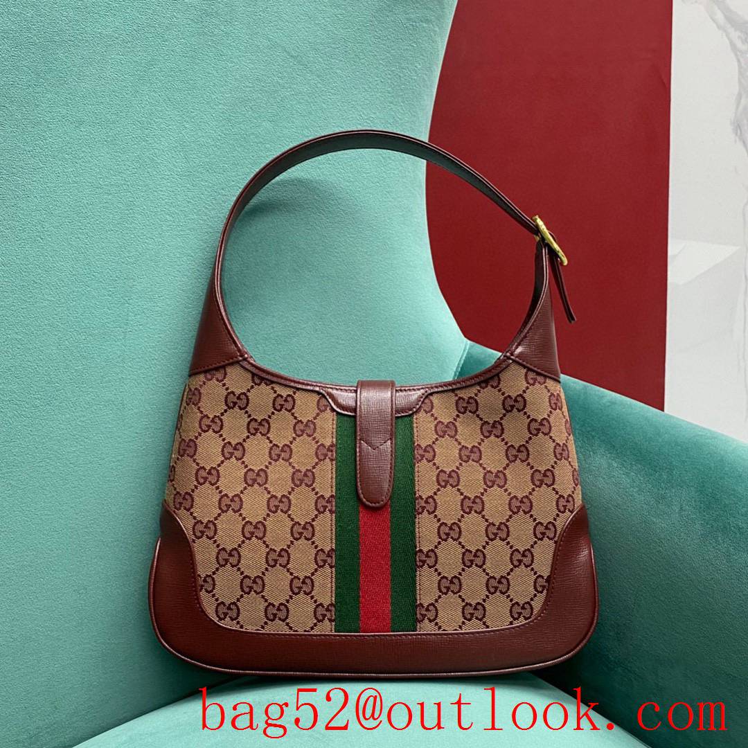 Gucci jackie 1961 burgundy leather trim with gg canvas winered crossbody handbag