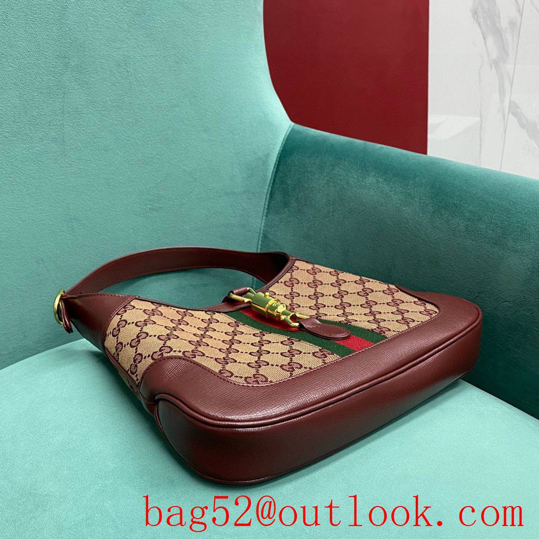 Gucci jackie 1961 burgundy leather trim with gg canvas winered crossbody handbag