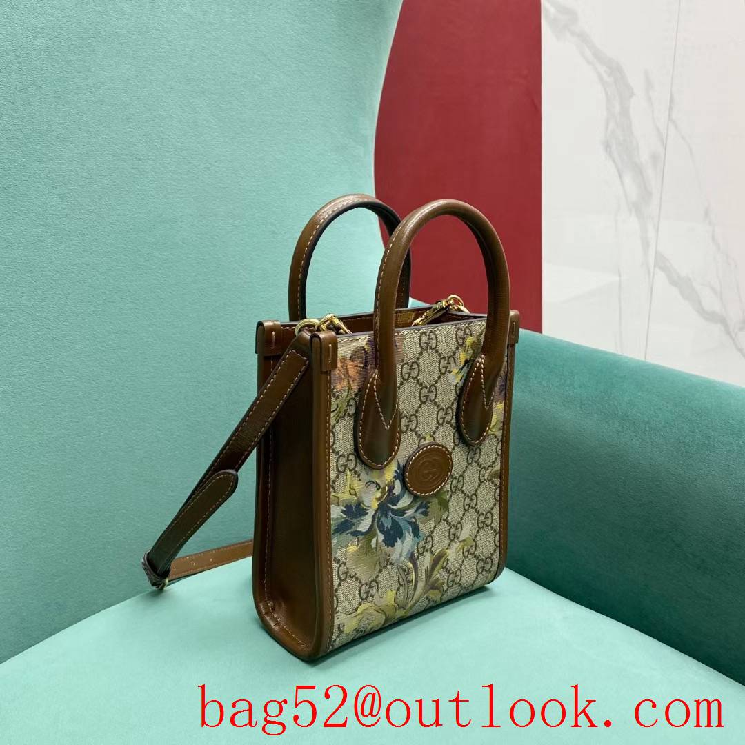 Gucci vertical brown with flower tote shoulder women's handbag