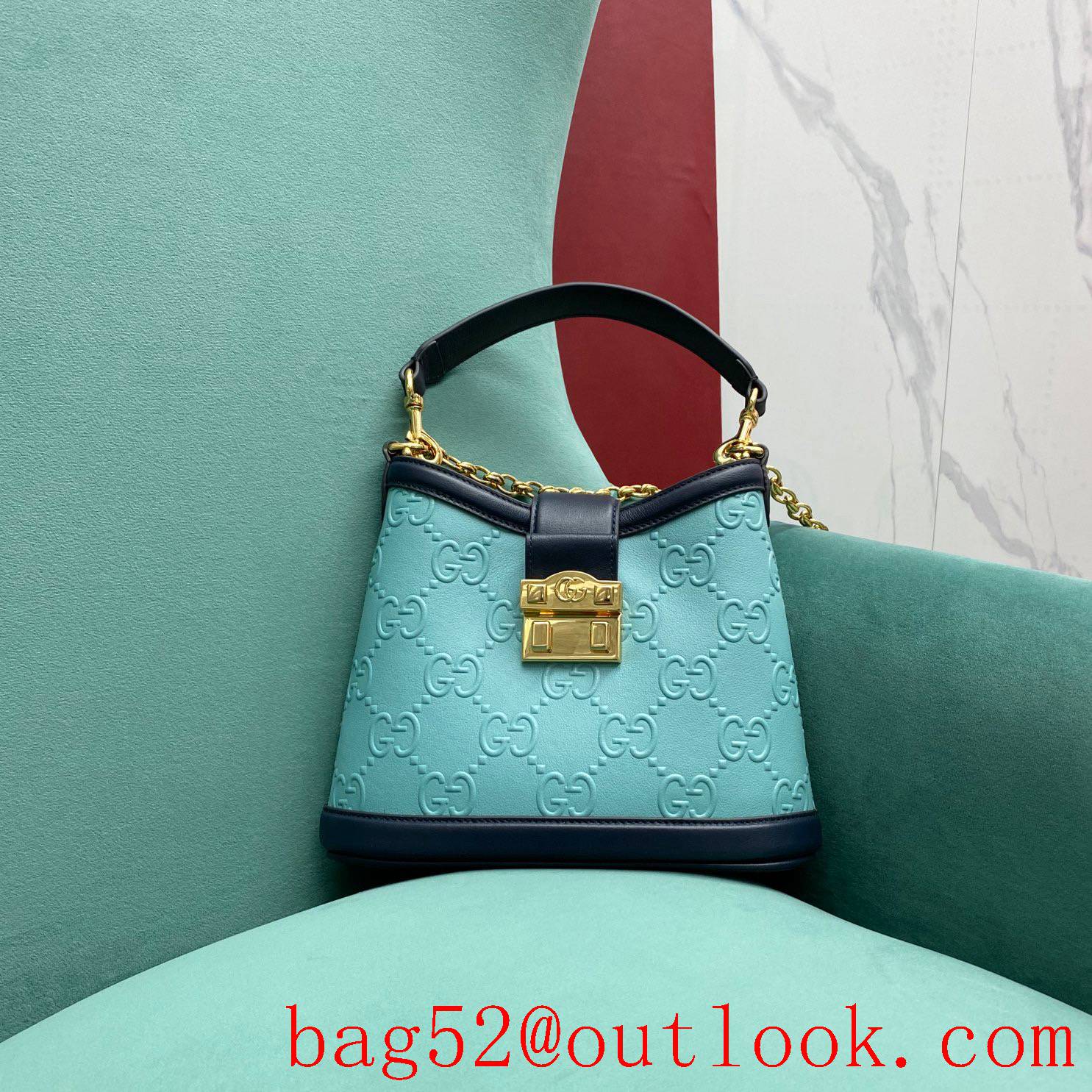 Gucci Square Buckle Bag GG Pattern sky blue shoulder handbag
