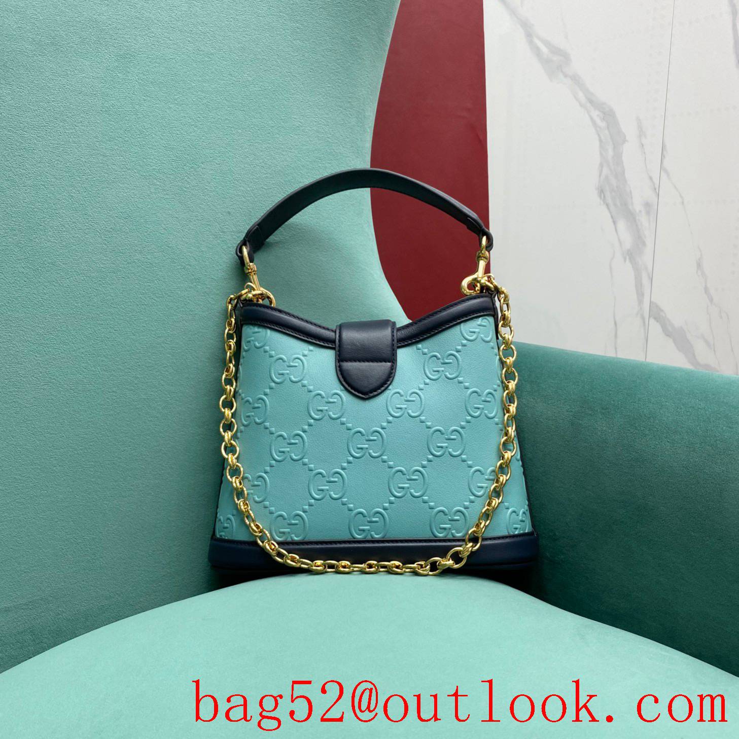 Gucci Square Buckle Bag GG Pattern sky blue shoulder handbag