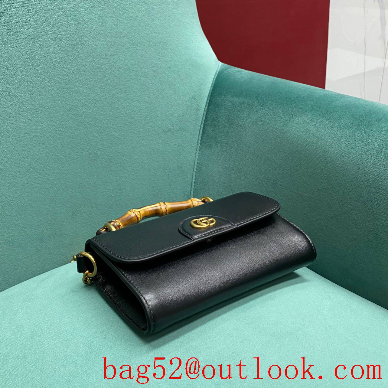 Gucci black Bamboo goldchain women's handbag