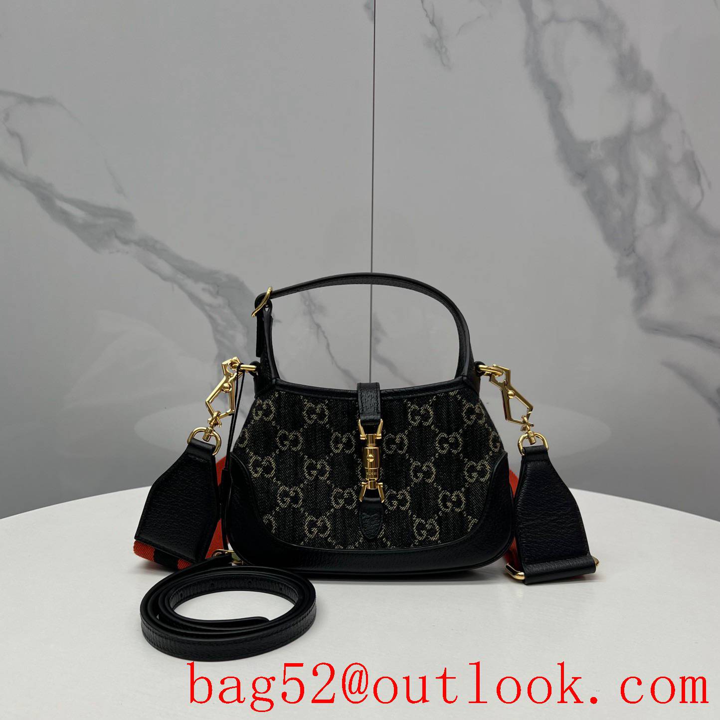 Gucci Black Denim width shoulder strap full body logo women's handbag