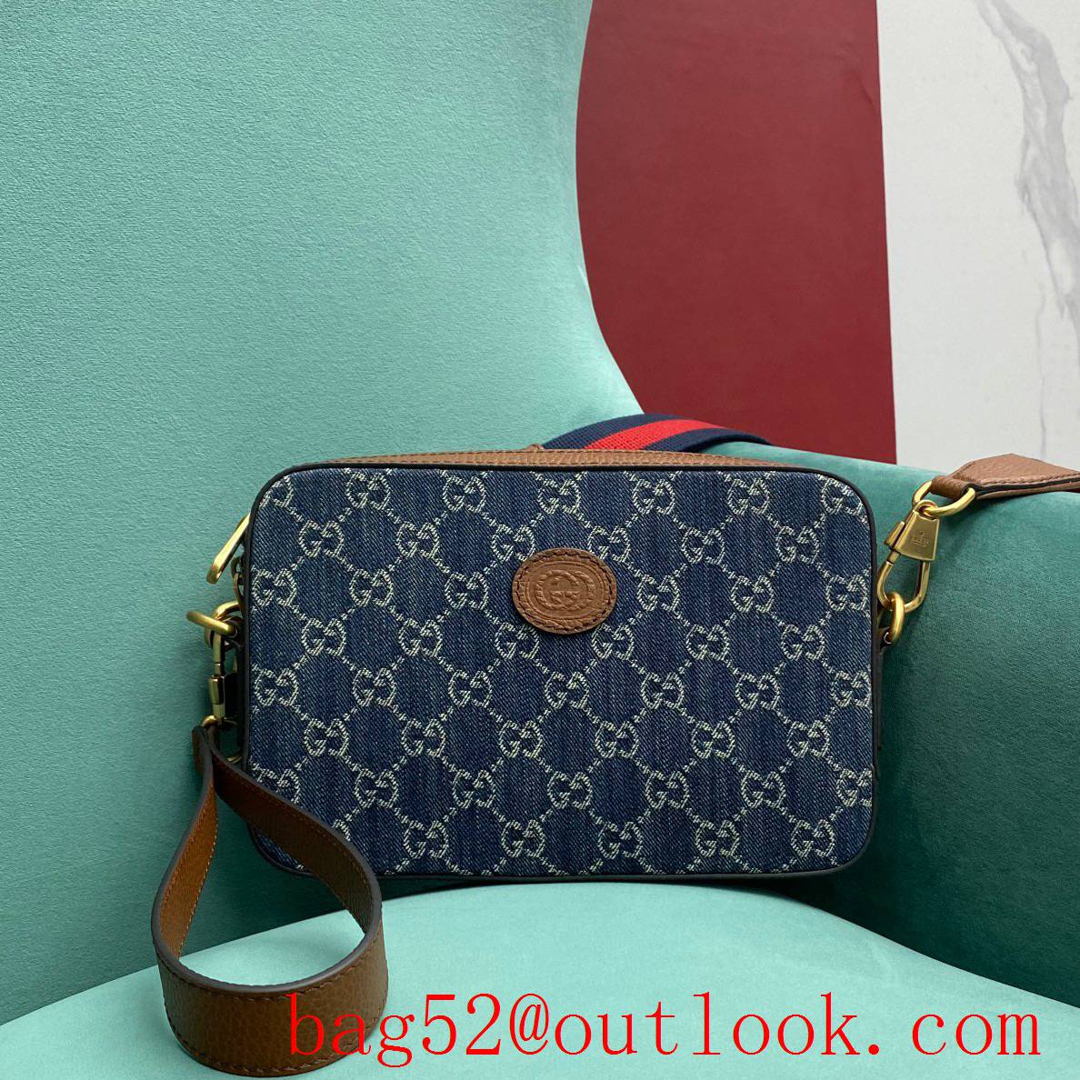 Gucci GG Denim Camera Bag Classic denim with brown cowhide blue shoulder handbag