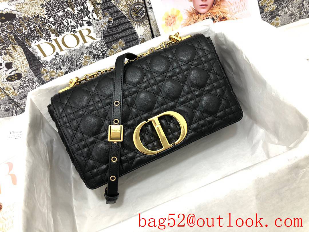 Dior Caro medium black calfskin crafted with signature cannage stitching cd metal gold bucket chain bag