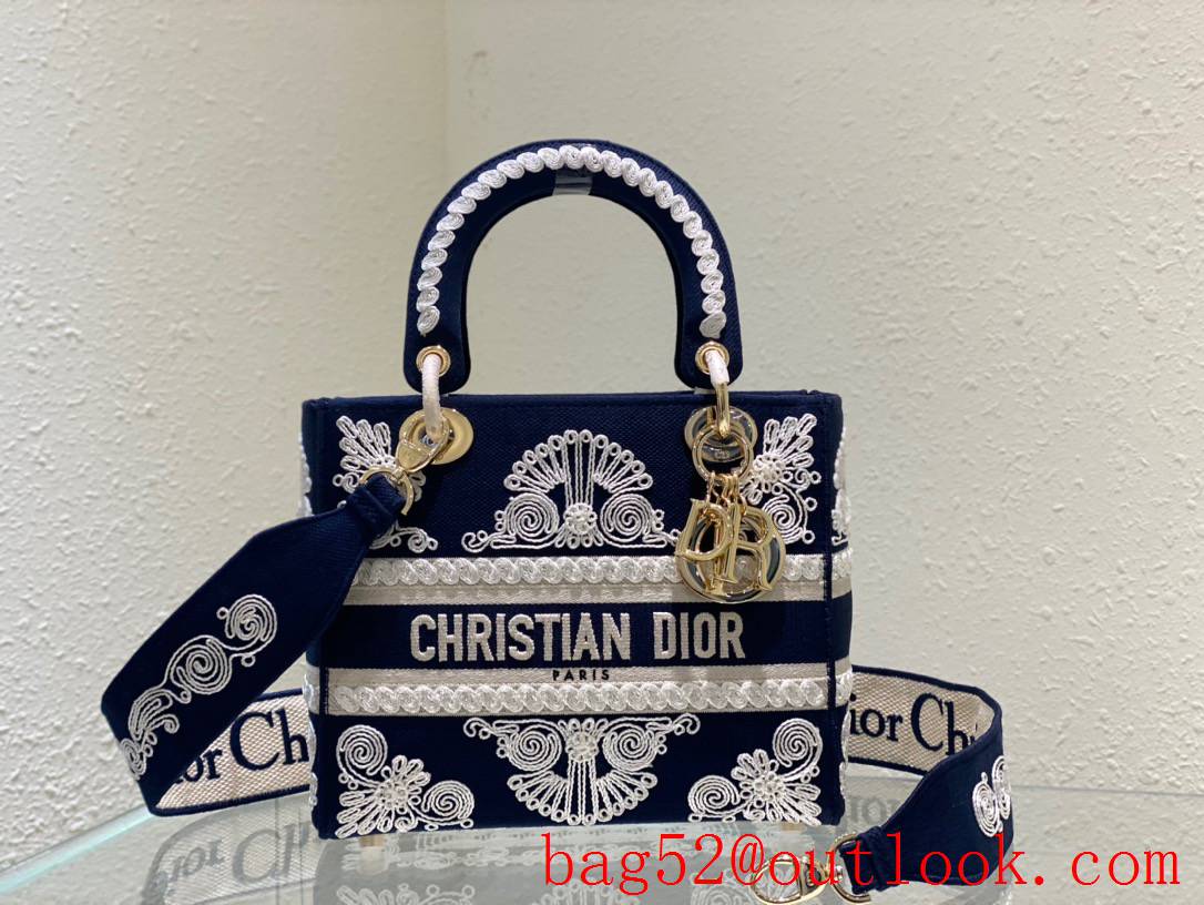 Dior navy blue medium lady D-lite shoulder tote handbag bag