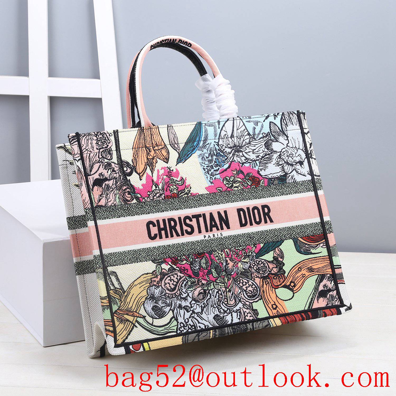 Dior Pastel Colors Multicolor Stripe Embroidery Hibiscus tote handbag large bag