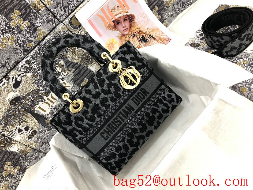Dior D-Lite five-pattern embroidered leopard-print grey features black medium tote bag
