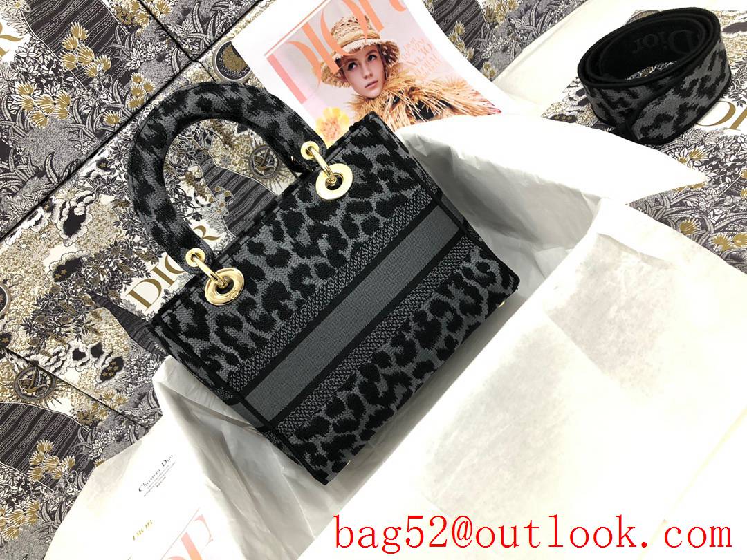 Dior D-Lite five-pattern embroidered leopard-print grey features black medium tote bag