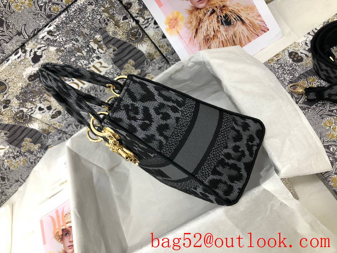 Dior D-Lite five-pattern embroidered leopard-print grey features black medium tote bag