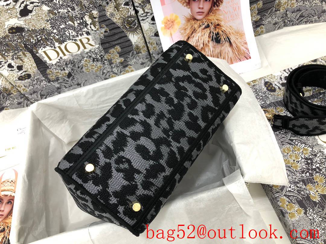 Dior D-Lite five-pattern embroidered leopard-print grey features black medium tote bag