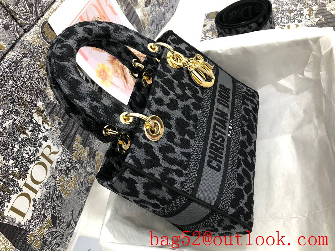 Dior D-Lite five-pattern embroidered leopard-print grey features black medium tote bag