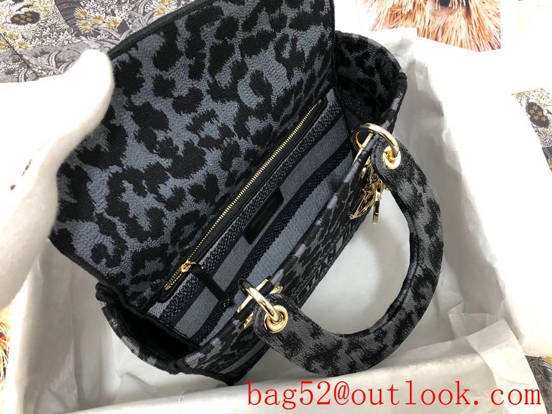 Dior D-Lite five-pattern embroidered leopard-print grey features black medium tote bag