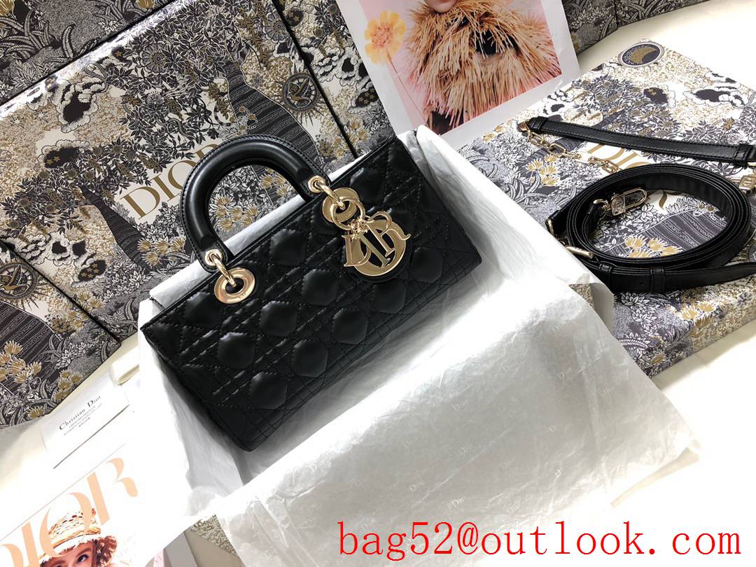 Dior Lady D-Joy New Rectangular Cannage Pattern Metal Charm with Light Gold Finish Detachable Leather Shoulder Strap black Bag