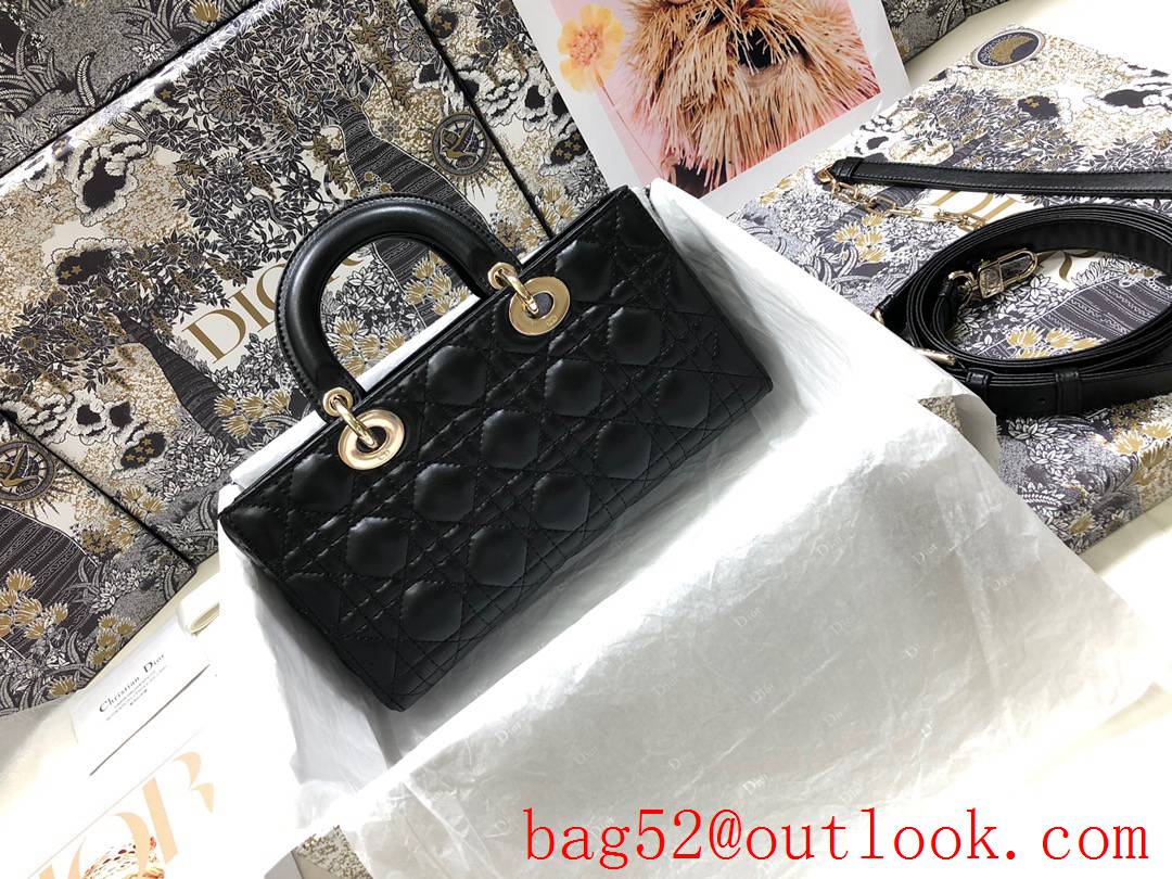 Dior Lady D-Joy New Rectangular Cannage Pattern Metal Charm with Light Gold Finish Detachable Leather Shoulder Strap black Bag