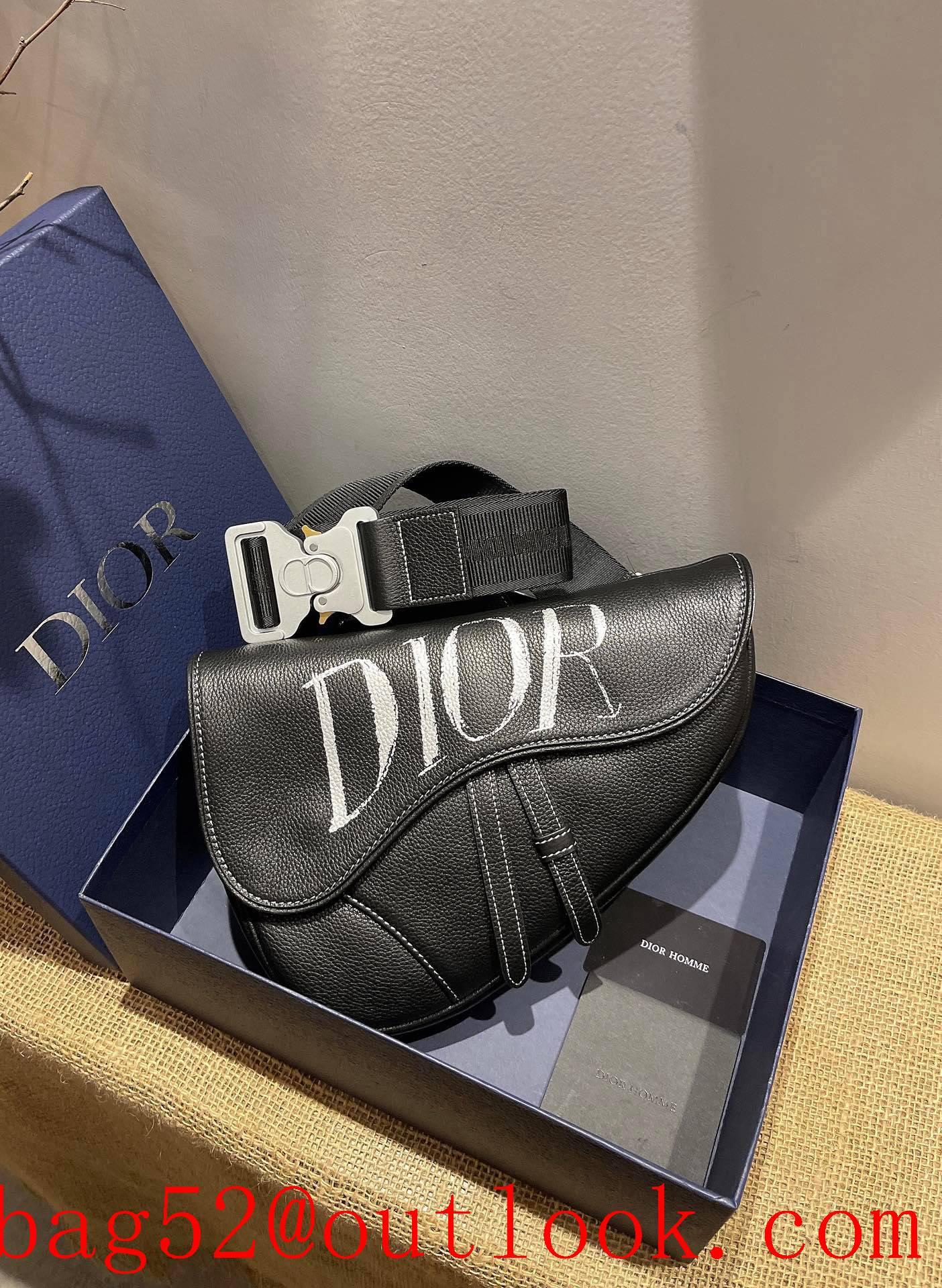 Dior black calfskin leather white print logo saddle shoulder bag