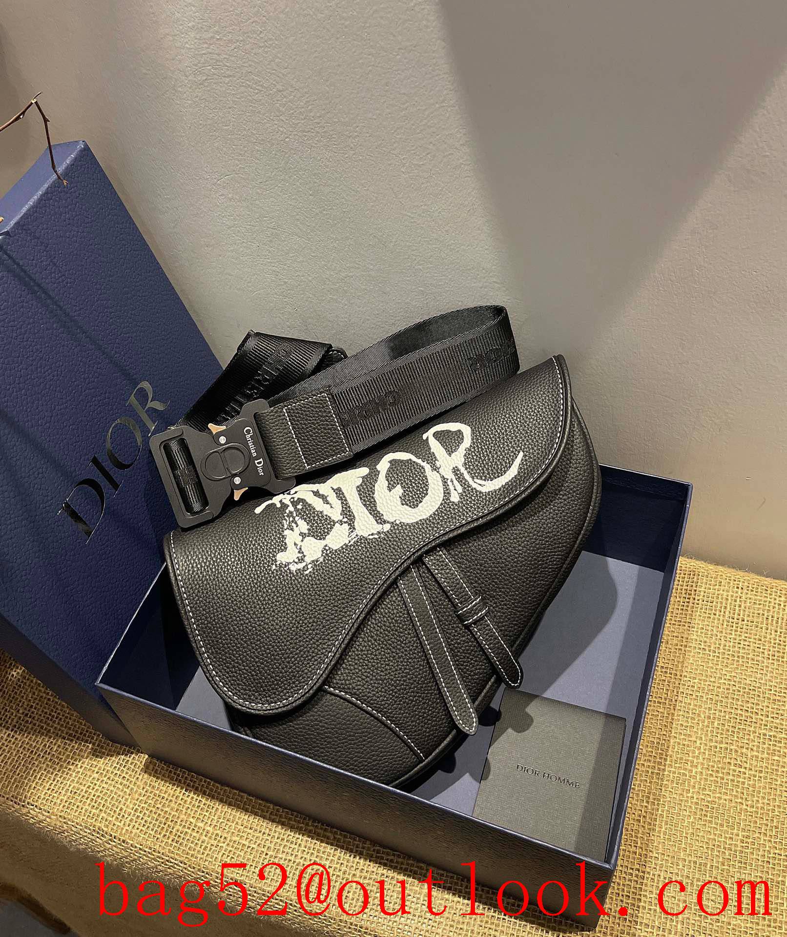 Dior men saddle black with white logo special strap buckle shoulder crossbody handbag