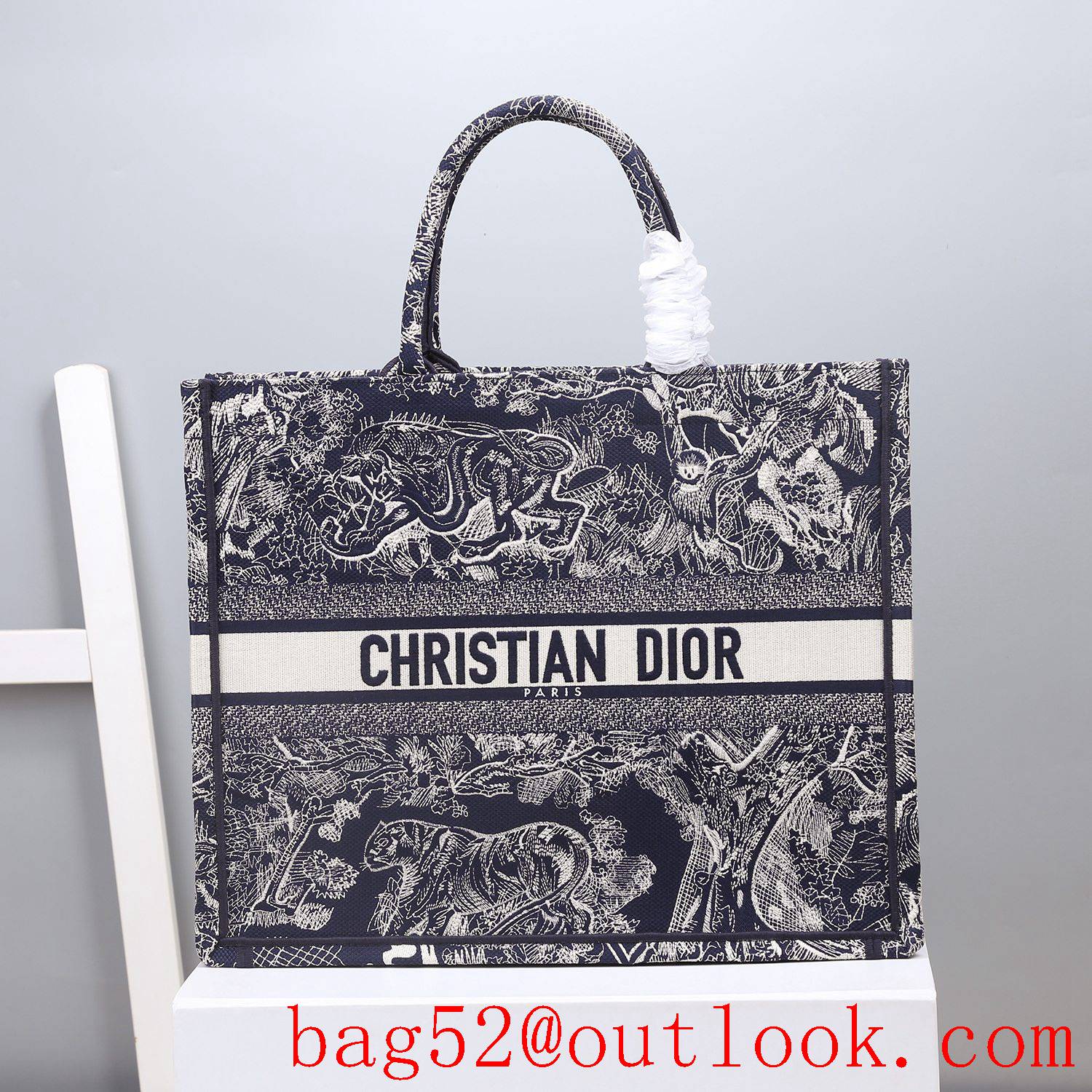 Dior blue tiger Bayadere pattern mixed effect D-Stripes pattern embroidery book tote bag