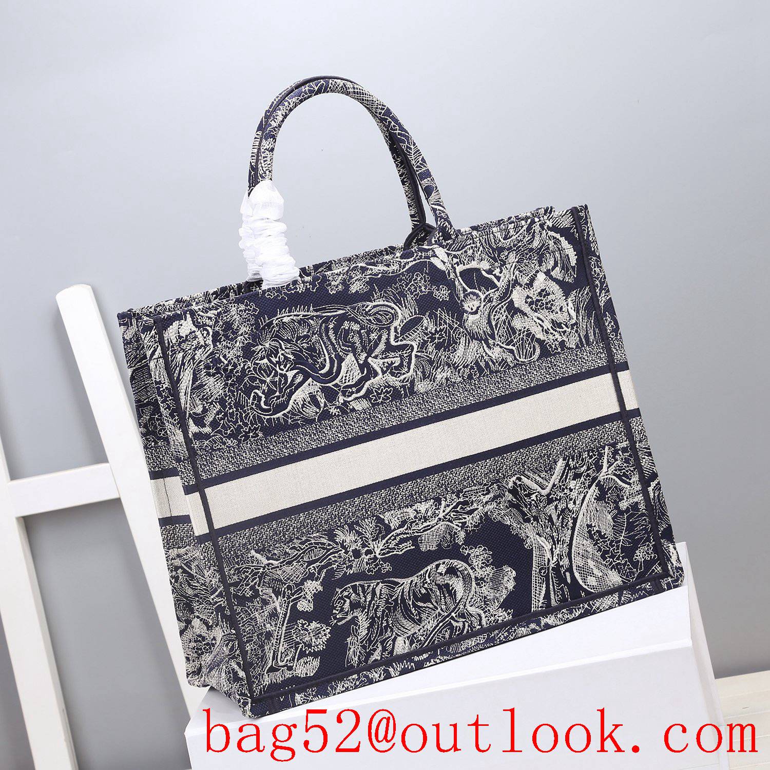 Dior blue tiger Bayadere pattern mixed effect D-Stripes pattern embroidery book tote bag